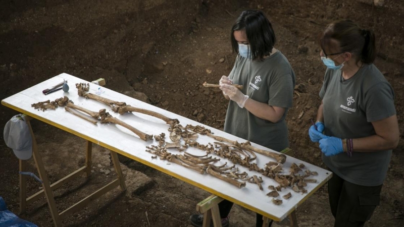 Personal técnico trabajando en la exhumación de la fosa común de Pico Reja, una de las mayores fosas del franquismo, ubicada en el cementerio de San Fernando, en Sevilla. María José López / Europa Press