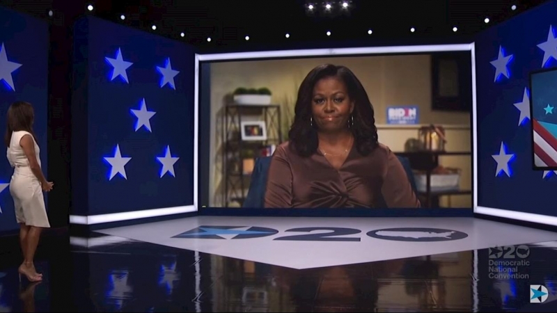 La ex primera dama de EEUU Michelle Obama interviene por videoconferencia en la primera jornada de la Convención Demócrata para proclamar a su candidato a las elecciones presidenciales en EEUU, Joe Biden, en Milwaukee (Wisconsin, EEUU). EFE/EPA/DEMOCRATIC