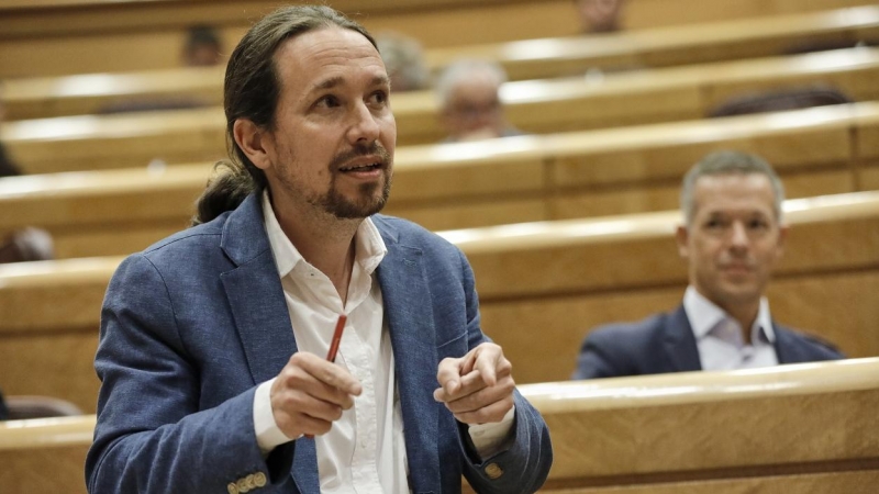 El vicepresidente segundo del Gobierno y líder de Podemos, Pablo Iglesias, durante su intervención en una sesión de control al Gobierno en el Senado. E.P./J. Hellín/Pool