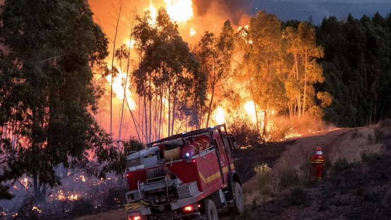 Miembros de la UME extinguen el incendio de Almonaster la Real, en Huelva. / DAVID ARJONA (EFE)