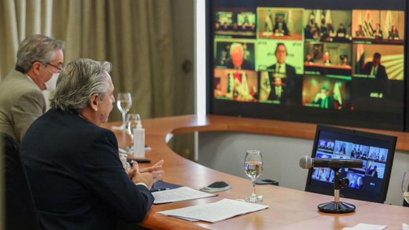 El presidente argentino, Alberto Fernández, en la última cumbre virtual de Jefes de Estado de Mercosur, el 2 de julio. PRESIDENCIA REPÚBLICA.