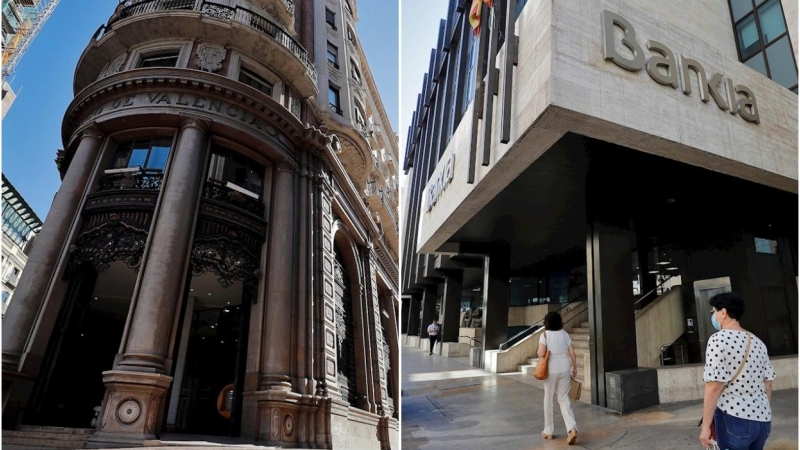 Las actuales sedes en Valencia de Caixabank y de Bankia, ambas en la calle Pintor Sorolla. EFE/REUTERS