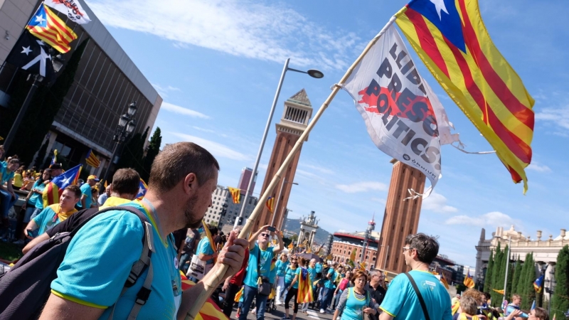 Una estelada i una pancarta per la llibertat dels presos a la manifestació de la Diada de 2019. Andreu Puig | ACN
