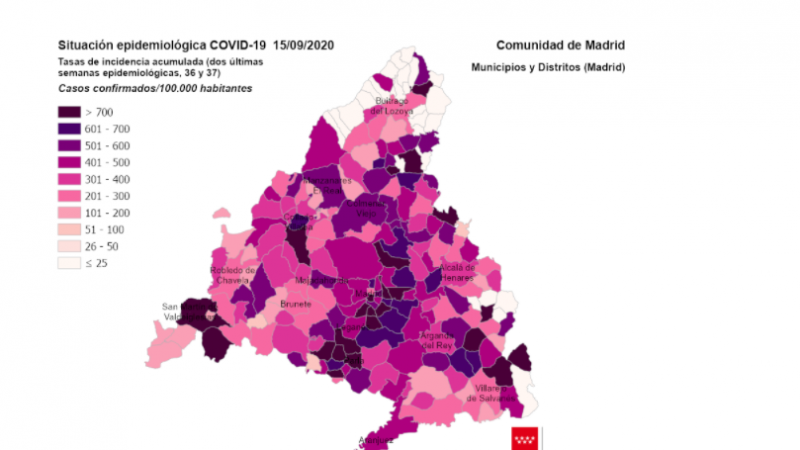 Mapa con la incidencia acumulada de la Comunidad de Madrid.