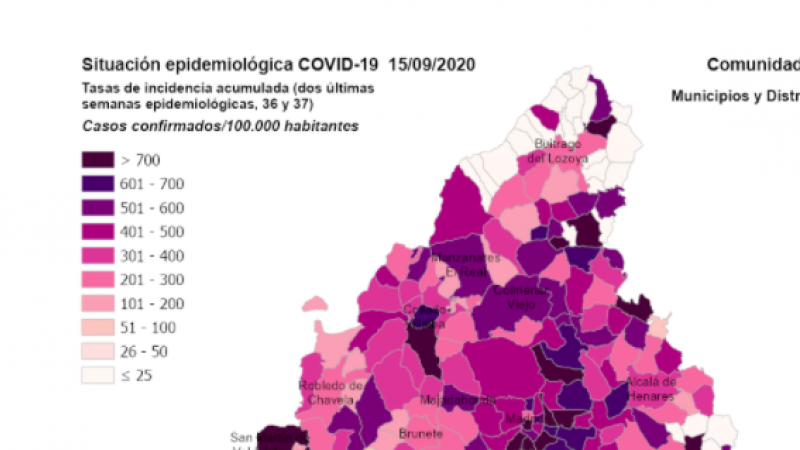 Mapa con la incidencia acumulada de la Comunidad de Madrid.