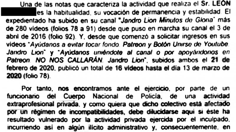 Extracto del expediente disciplinario contra el policía y youtuber Jandro Lion.