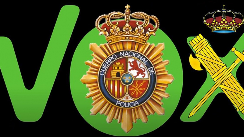 Montaje de los escudos del CNP y la Guardia Civil sobre el logotipo de VOX, fabricado por Jandro Lion para el último vídeo su canal de YouTube.