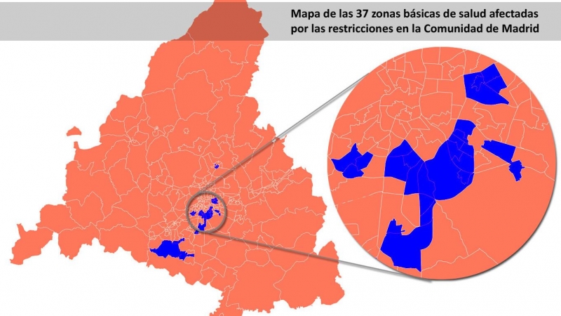 Estas son las zonas básicas de Madrid afectadas por las restricciones. / COMUNIDAD DE MADRID - PÚBLICO