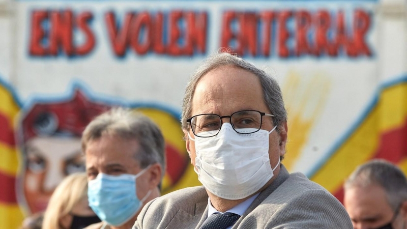 GRAFCAT2361. CORNELLÀ DEL TERRI (GIRONA), 01/10/2020.- El expresidente de la Generalitat, Quim Torra, durante el acto de conmemoración del tercer aniversario del referéndum unilateral del 1-O que JxCat ha realizado este jueves en Cornellà del Terri (Giron