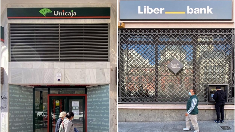 Vista de sendas sucursales de Unicaja Banco y Liberbank, en Madrid. E.P.