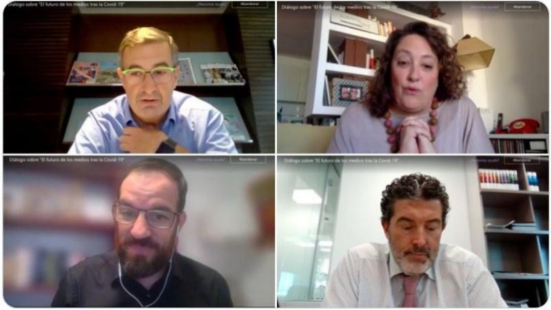 Los directores de 'Público', 'La Vanguardia', 'laSexta' y 'ABC' durante el encuentro informativo '‘El futuro de los medios tras la covid-19', organizado por Servimedia. / SERVIMEDIA