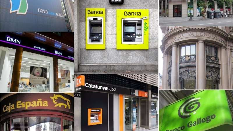 Imagen de las entidades absorbidas, o, como Bankia, en proceso de fusión, en la reestructuración y concentración del sistema financiero español. E.P./EFE/REUTERS