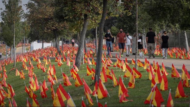 Vista de las 53.000 banderas colocadas por la Asociación Nacional de Víctimas y Afectados por Coronavirus (Anvac) junto al río Guadalquivir a su paso por Sevilla este domingo 'en homenaje' y para 'pedir justicia' por los fallecidos durante la pandemia de