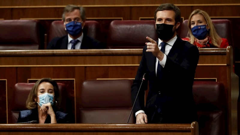 MADRID, 14/10/2020.- El líder del PP, Pablo Casado, durante su intervención en la sesión de control al Ejecutivo este miércoles en el Congreso. EFE/ Mariscal