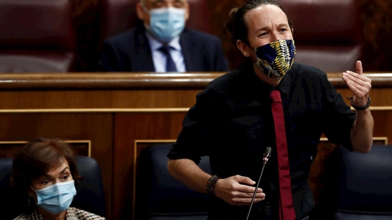 El vicepresidente tercero del Gobierno, Pablo Iglesias, interviene durante la sesión de control al Ejecutivo en el Congreso. EFE/ Mariscal