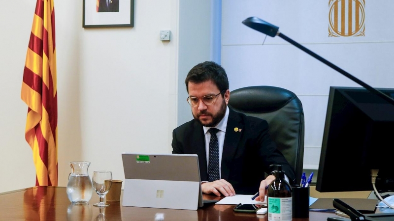 El vicepresidente de Generalitat y presidente interino sustituto, Pere Aragonés, durante la reunión telemática del comité ejecutivo de crisis por la covid-19. EFE/Quique García