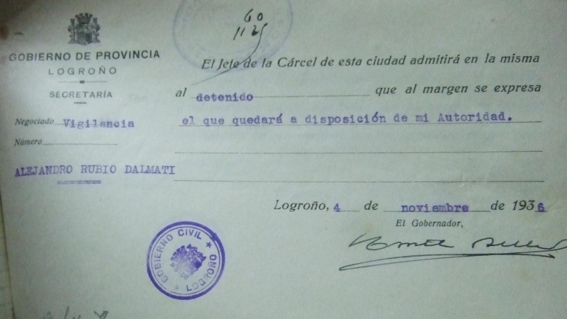 Registro de la entrada a prisión de Rubio Dalmati en noviembre de 1936.- FACILITADO POR JESÚS AGUIRRE