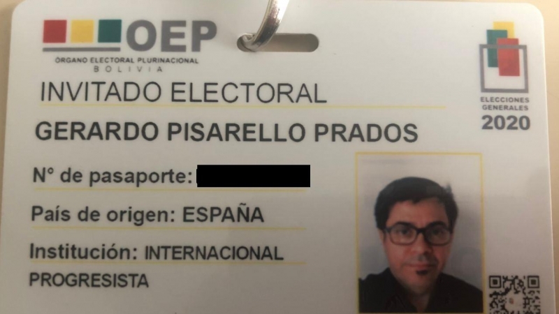 Documento de Gerardo Pisarello, expedido por el Tribunal Superior Electoral de Bolivia, que le legitima como observador internacional. Documento cedido a 'Público'.