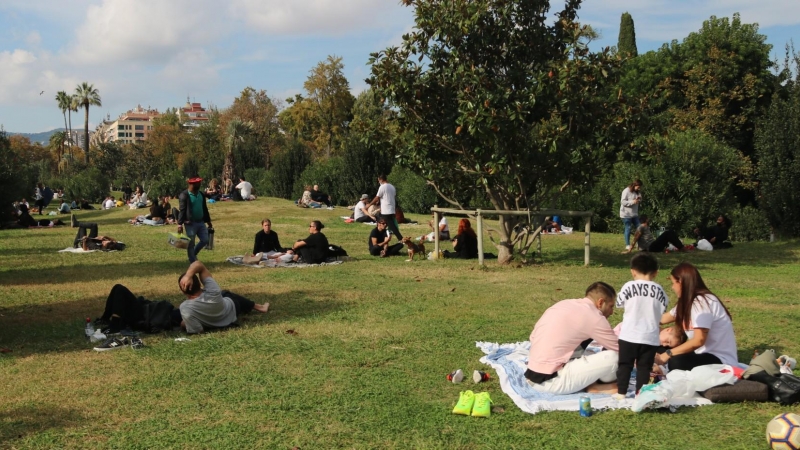 Grups de persones fent pícnics al Parc de la Ciutadella aquest diumenge. ACN