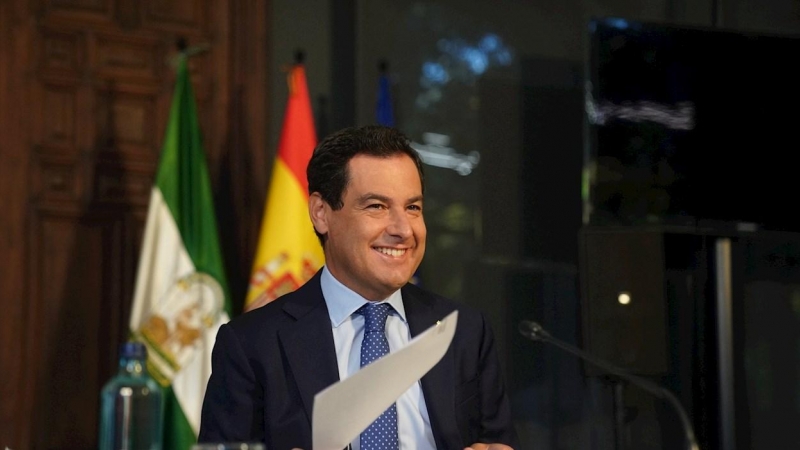 El presidente de la Junta, Juanma Moreno, durante su intervención en el pleno del Comité de las Regiones en el debate del Pacto Verde, este martes en Sevilla. / EFE -JUNTA DE ANDALUCÍA