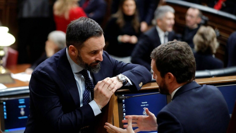 El líder de Vox, Santiago Abascal, y el líder del PP, Pablo Casado, mantienen una conversación en el Congreso | EFE