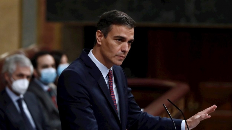 El presidente del Gobierno, Pedro Sánchez, interviene en la segunda sesión del debate de moción de censura presentada por Vox en el Congreso. EFE/Mariscal