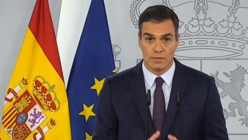 El presidente del Gobierno, Pedro Sánchez, durante su declaración sobre la situación de la pandemia de la covid-19, en el Palacio de la Moncloa.