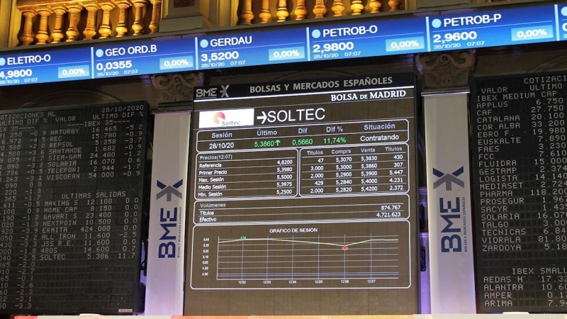 Panel informativo en la Bolsa de Madrid con los datos de la cotización de la empresa de energías renovables Soltec Power, en su estreno en el mercado bursátil. EFE/ Ana Bornay