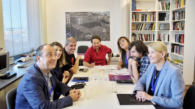 Reunión de trabajo de Pablo Iglesias, Yolanda Díaz y Rafael Mayoral con UGT y CCOO de octubre de 2019.