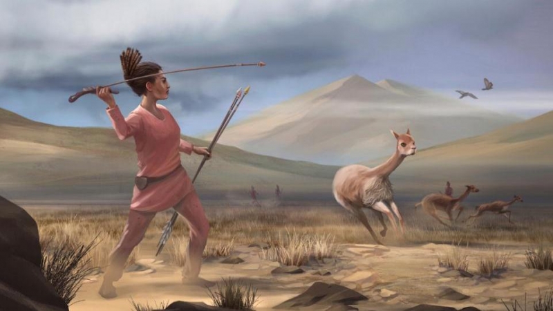 Ilustración de una cazadora que representa a los cazadores que pudieron haber aparecido en los Andes hace 9.000 años.