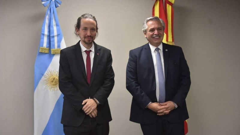 El vicepresidente segundo del Gobierno, Pablo Iglesias,  junto al presidente de Argentina, Alberto Fernández.