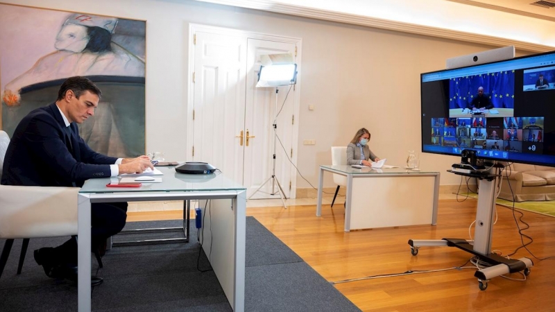 El presidente del Gobierno, Pedro Sánchez, en una videoconferencia del Consejo Europeo.