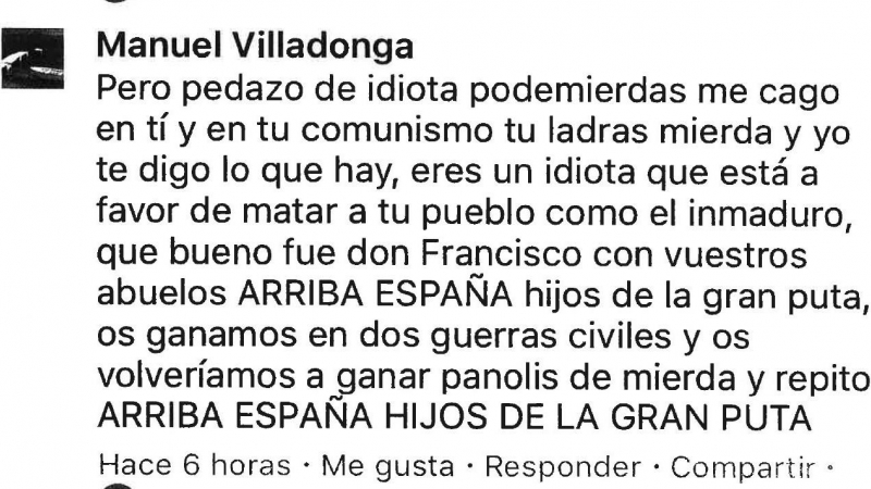 Mensaje en las redes del ultraderechista mallorquín Manuel Villadonga Franco.