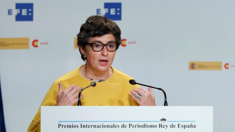 La ministra de Asuntos Exteriores, Unión Europea y Cooperación, Arancha González Laya, durante su intervención en el acto de entrega de la XXXVII edición de los Premios Internacionales de Periodismo Rey de España.