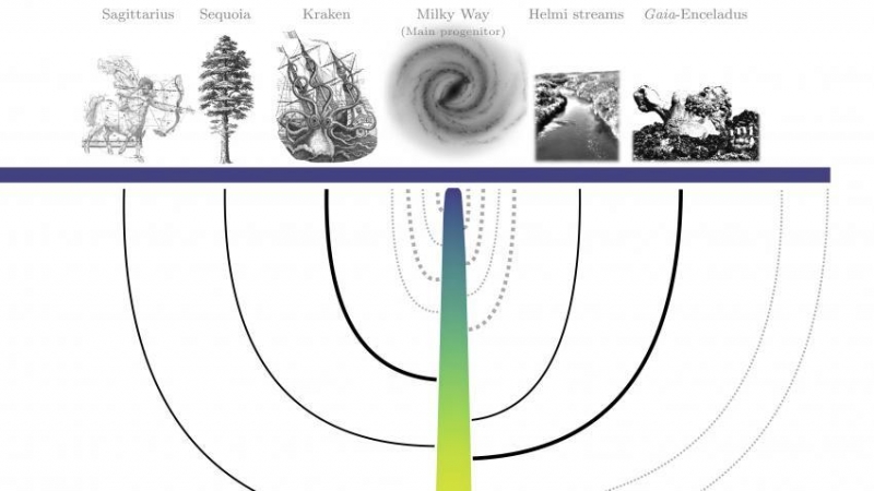 Árbol de fusión de galaxias de la Vía Láctea inferido aplicando los conocimientos obtenidos de las simulaciones de E-MOSAICS a la población del cúmulo globular galáctico.