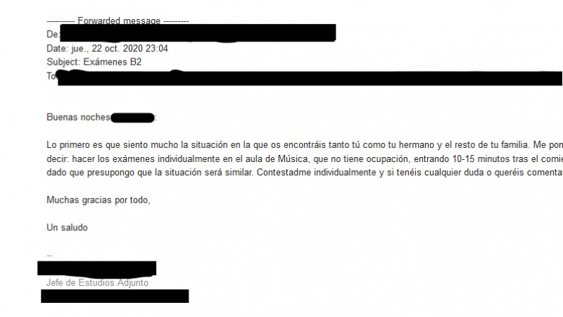 Email del centro a los hijos del profesor.