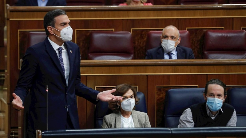 18/11/2020.- El presidente del Gobierno, Pedro Sánchez, durante su intervención en la sesión de control al Ejecutivo, este miércoles en el Congreso.