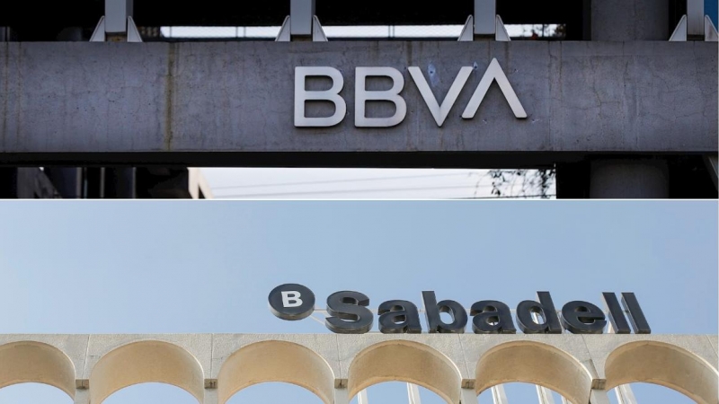 Los logos de BBVA y Banco Sabadell, en sus respectivas sedes en la zona norte de Madrid y en Alicante.