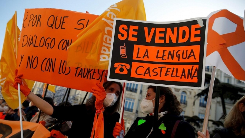 Miembros de la plataforma Más plurales se manifiesta este jueves en frente del Congreso de los Diputados en Madrid por la nueva ley de educación Ley Orgánica de Modificación de la LOE (LOMLOE), también conocida como ley Celaá.