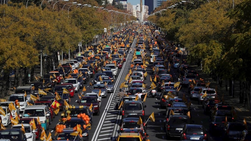 Vista general de la manifestación con vehículos que recorre el Paseo de la Castellana desde Cuzco a Cibeles en Madrid este domingo contra la Ley de Educación (LOMLOE), denominada también 'Ley Celaá', aprobada esta semana en el Congreso