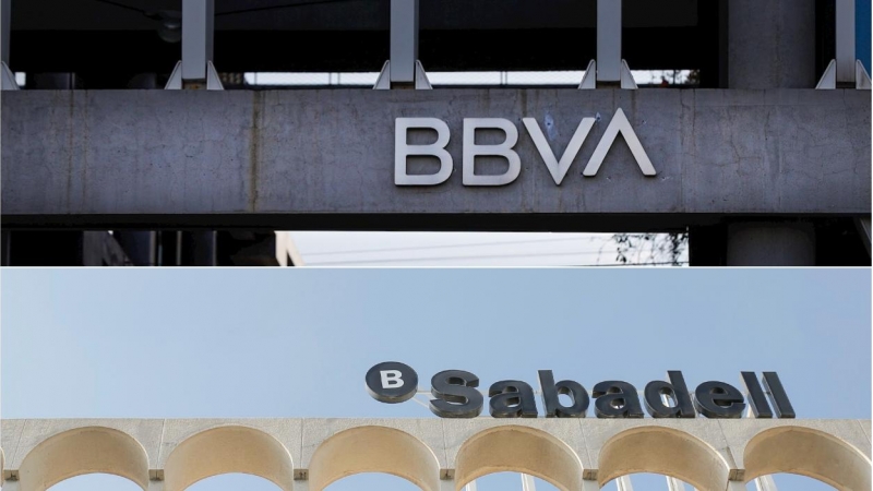 Los logos de BBVA y Banco Sabadell, en sus respectivas sedes en la zona norte de Madrid y en Alicante.