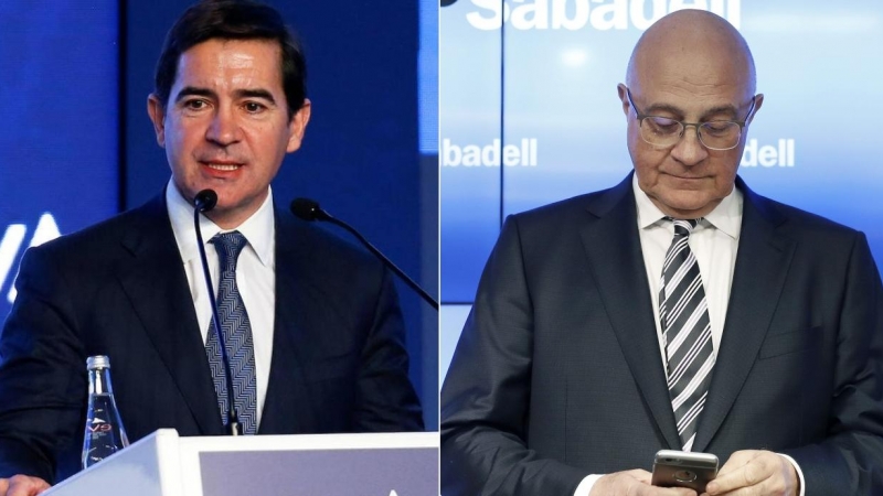 A la izquierda, Carlos Torres, presidente de BBVA, y a la derecha, Josep Oliú, de Banco Sabadell.