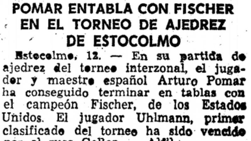 Recorte de la hemeroteca de 'La Vanguardia' en la que se informa del empate entre Arturo Pomar y Bobby Fischer.