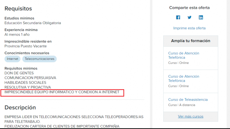 Oferta de teleoperador en el que se pide equipo informático y conexión a internet. Infojobs.