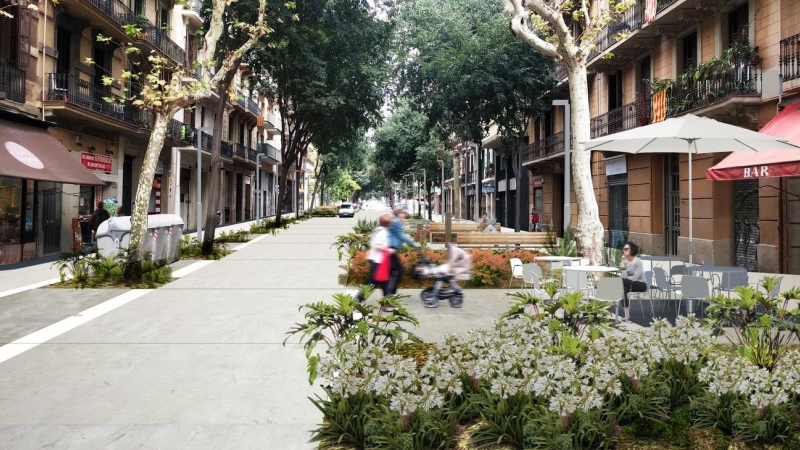 Simulació de com podria ser la futura superilla del carrer Girona i entorns.