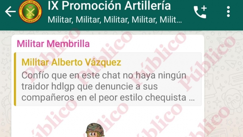 Captura de uno de los mensajes compartidos en el grupo de WhatsApp de la IX Promoción de Artillería, en el que se avisa de la posibilidad de una filtración coma la que destapó el chat de los militares retirados.