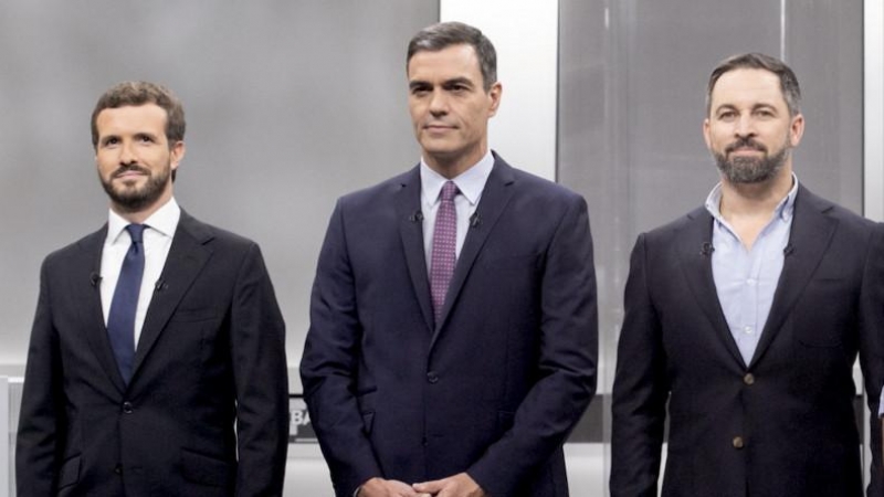 Pablo Casado (PP), Pedro Sánchez (PSOE) y Santiago Abascal (Vox) antes del debate electoral del 4N.