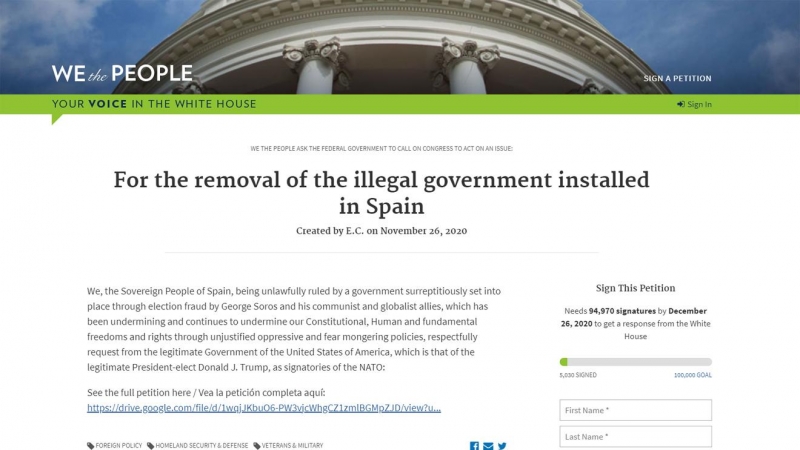 Portada de la petición a Trump 'For the removal of the illegal government installed in Spain', registrada a través de la plataforma 'We the People', que ya ha reunido más de 5.000 firmas.