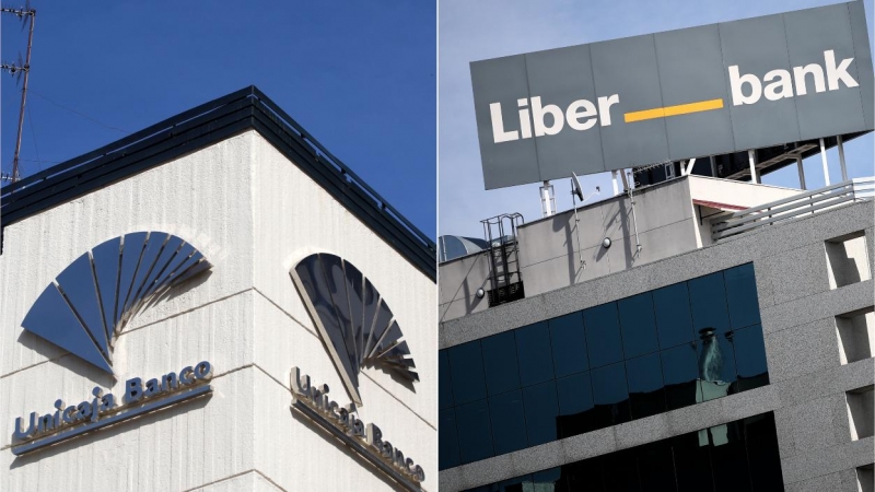 Los logos de Unicaja y de Liberbank, en lo alto de sus respectivas sedes en Málaga y Madrid.