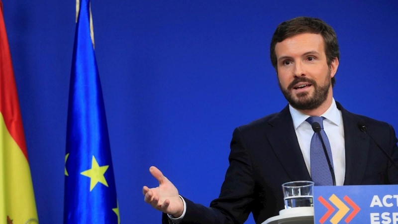 El líder del Partido Popular, Pablo Casado durante la rueda de prensa.